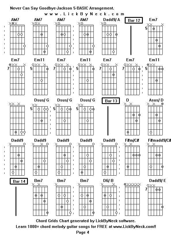 Chord Grids Chart of chord melody fingerstyle guitar song-Never Can Say Goodbye-Jackson 5-BASIC Arrangement,generated by LickByNeck software.